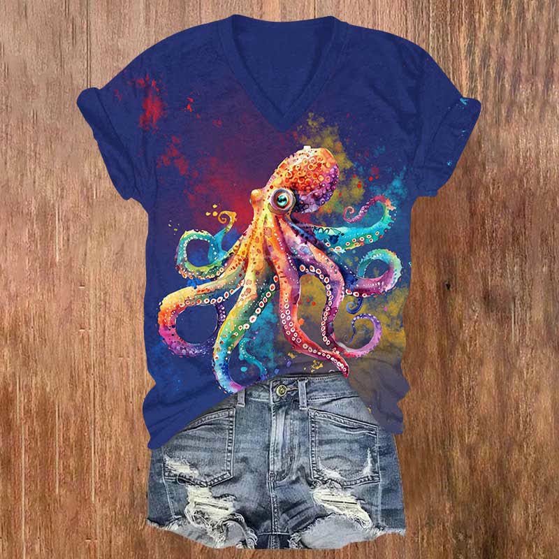 Vintage Colorful Splashing Ink Octopus Art Print V-neck T-shirt - Blue - US32-34(5XL) - image 2