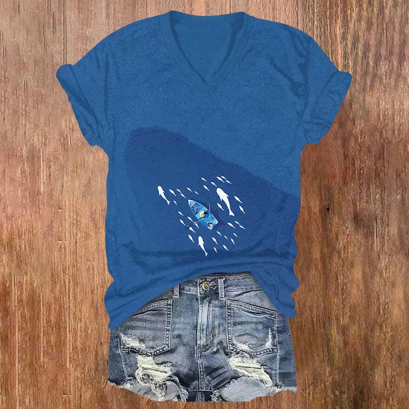 Small Boat & Whale Shadow Print V-neck T-shirt - Blue - US32-34(5XL) - image 2