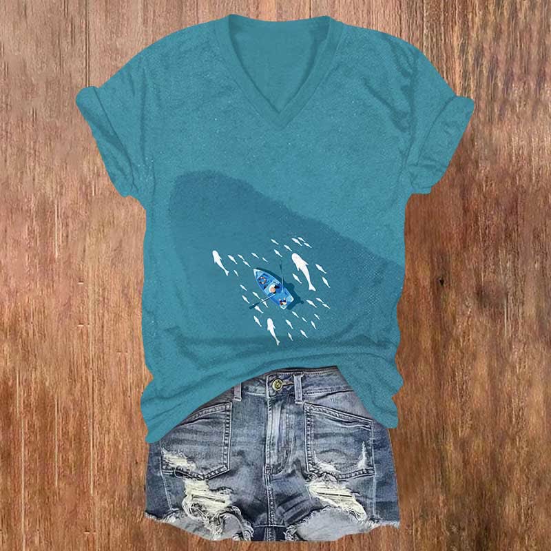 Small Boat & Whale Shadow Print V-neck T-shirt - Green - US32-34(5XL) - image 1