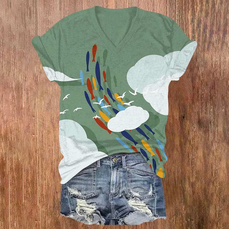 Colorful Fish School In The Sky Art Print V-neck T-shirt - Green - US32-34(5XL) - image 2