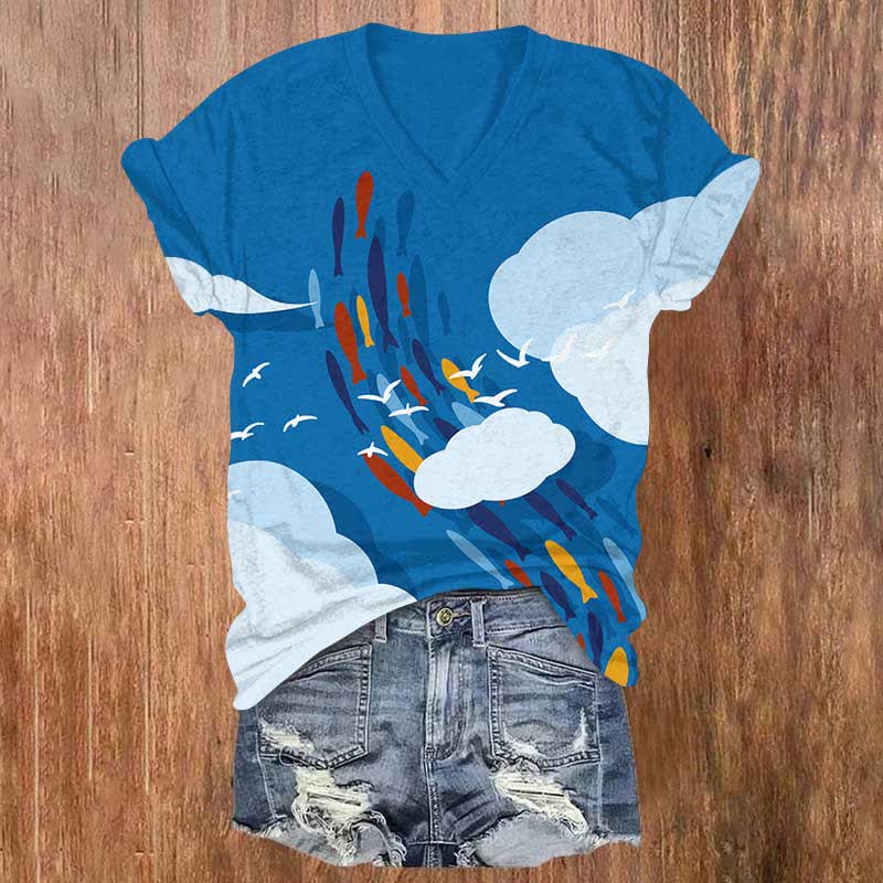Colorful Fish School In The Sky Art Print V-neck T-shirt - Blue - US32-34(5XL) - image 1