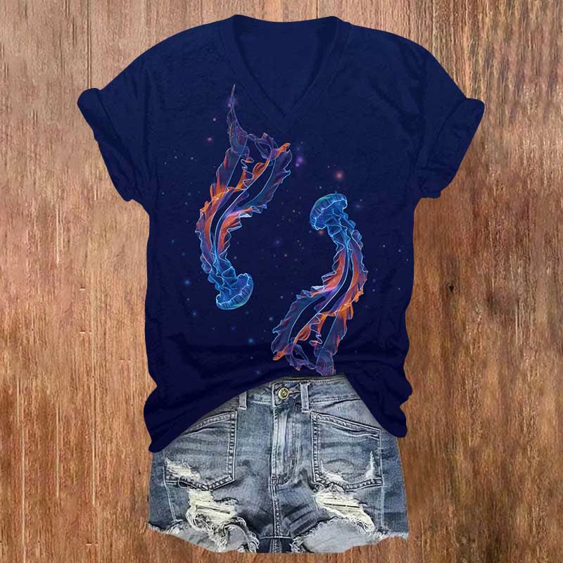 Fantasy Glowing Jellyfish Art Print V-neck T-shirt - Dark Blue - US32-34(5XL) - image 1