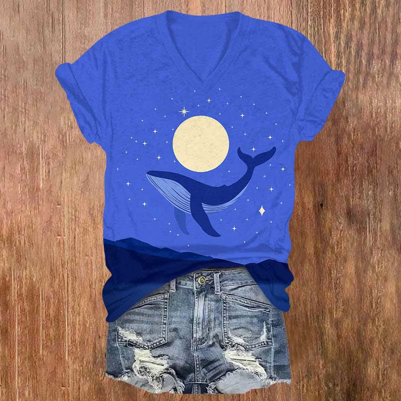 Starry Sky Moon&  Stars & Whale Print V-neck T-shirt - Blue - US32-34(5XL) - image 1