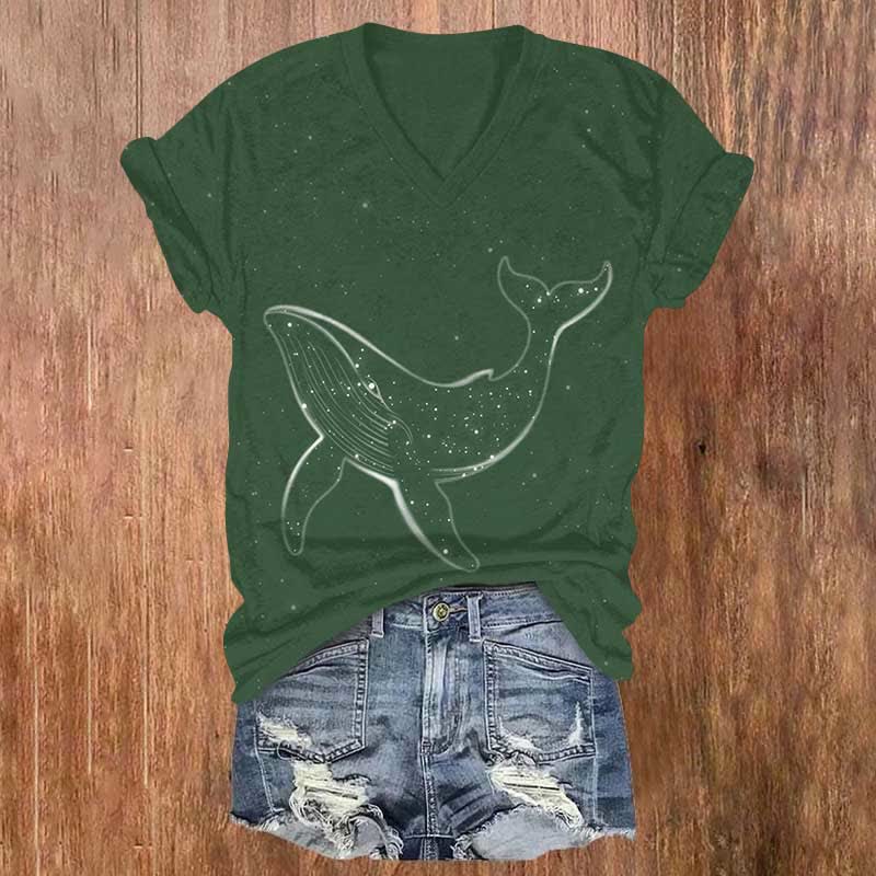 Fantasy Starry Whale Art Print V-neck T-shirt - Green - US32-34(5XL) - image 2