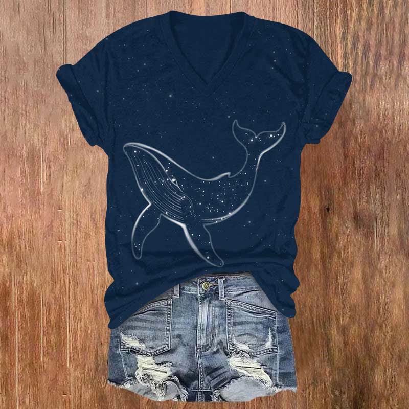 Fantasy Starry Whale Art Print V-neck T-shirt - Blue - US32-34(5XL) - image 1