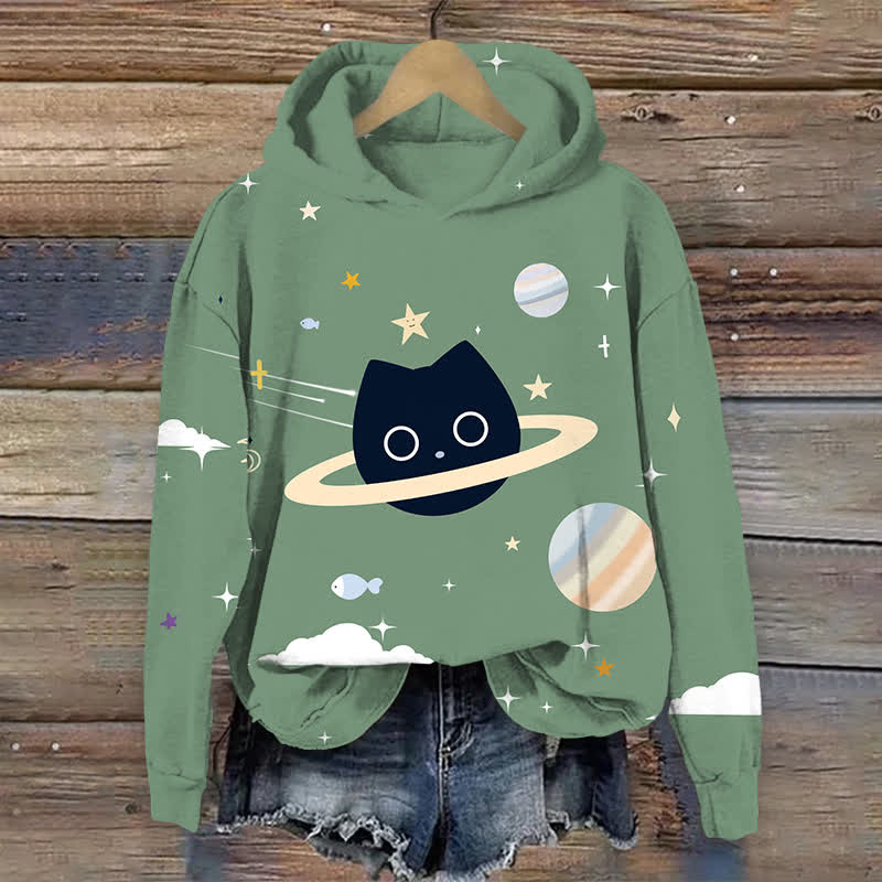 Funny Universe Black Cat Print Long Sleeve Hoodie - Green - US44-46(8XL) - image 2