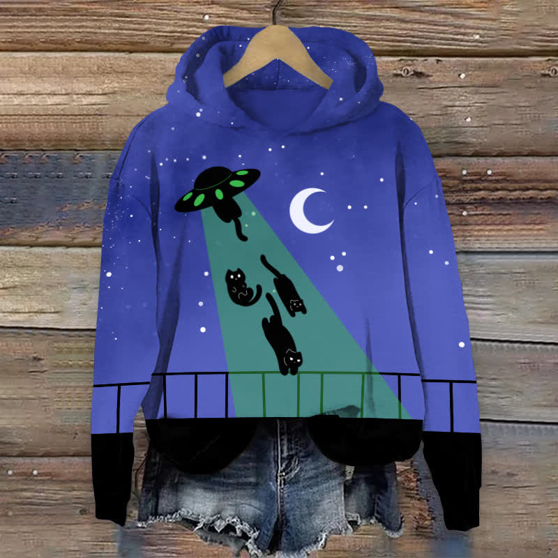 Funny Ufo Catching Black Cats Print Long Sleeve Hoodie - Blue - US44-46(8XL) - image 1