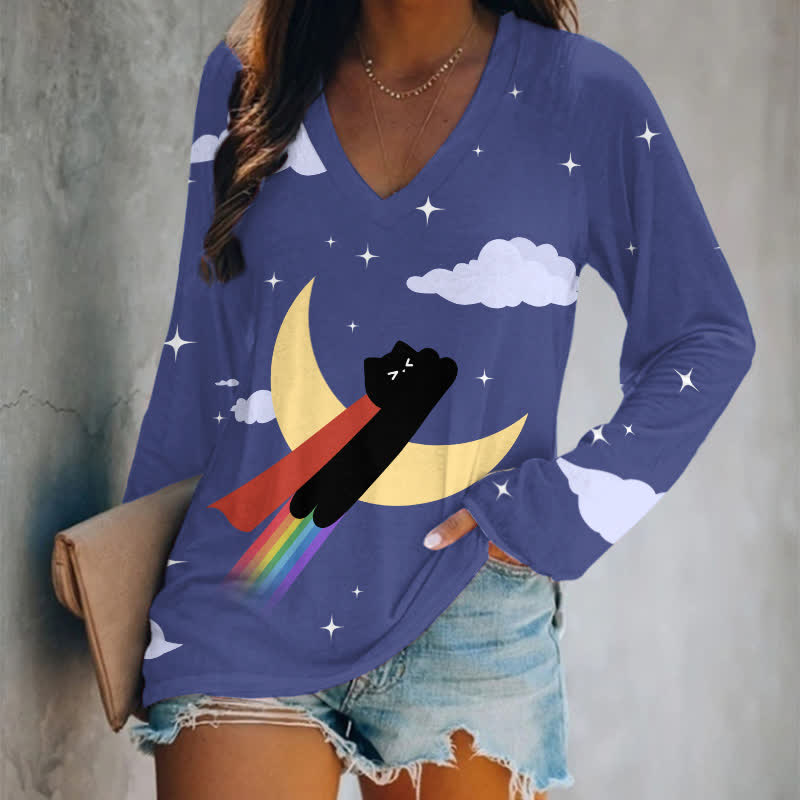 Cat Stepping Rainbow To The Sky Ar Print Long Sleeve T-shirt - Blue - 5XL - image 1