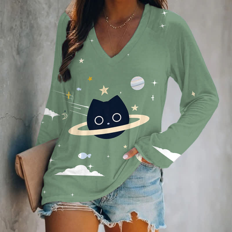 Funny Universe Black Cat Print Long Sleeve T-shirt - Green - 5XL - image 2