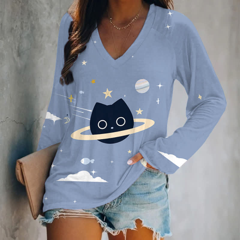 Funny Universe Black Cat Print Long Sleeve T-shirt - Blue - 5XL - image 1