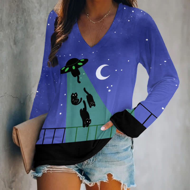 Funny UFO Catching Black Cats Art Print Long Sleeve T-shirt - Blue - 5XL - image 1