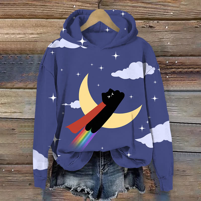  Cat Stepping Rainbow To The Sky Art Print Long Sleeve Hoodie - Blue - US44-46(8XL) - image 1