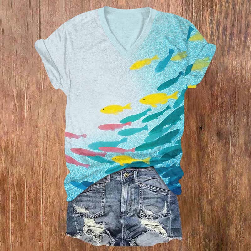 Watercolor Fish School In Lake Art Print V-neck T-shirt - Lake Blue - US32-34(5XL) - image 1