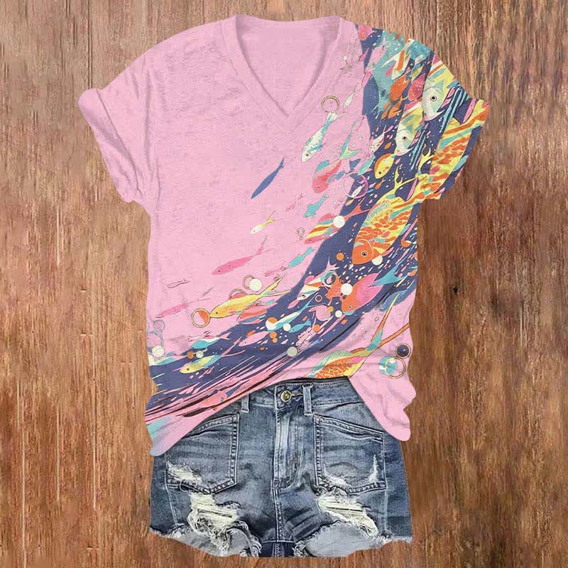 Funny Colorful Fish Surfing Art Print V-neck T-shirt - Pink - US32-34(5XL) - image 2