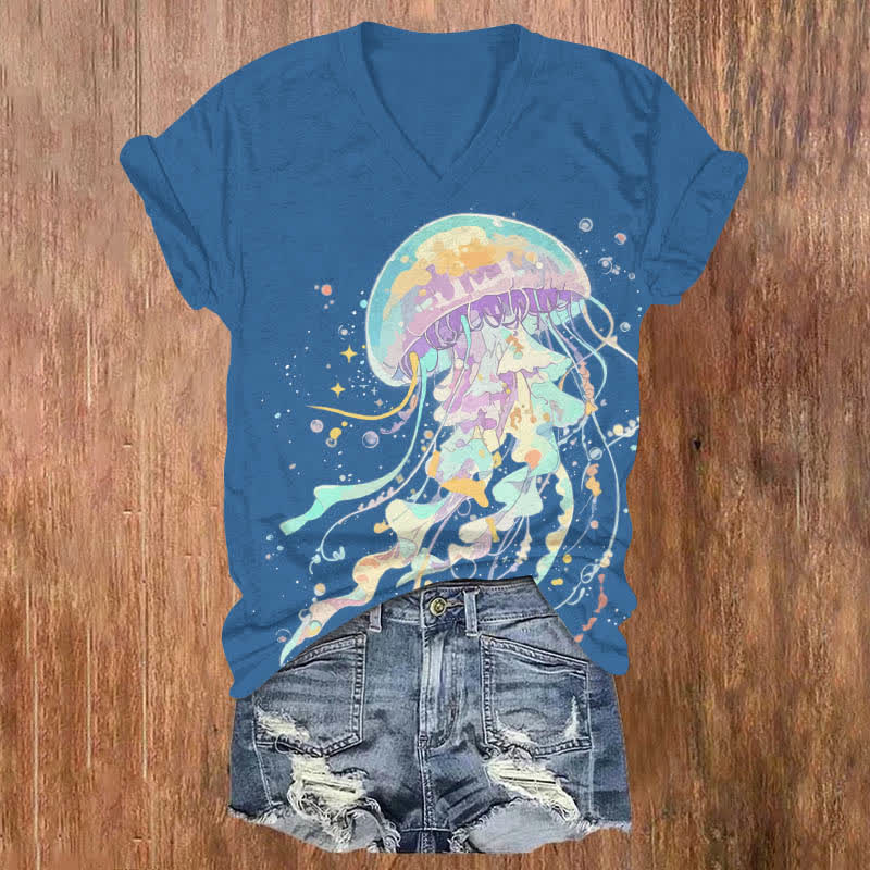 Vintage Wonderful Jellyfish Art Print V-neck T-shirt - Blue - US32-34(5XL) - image 2