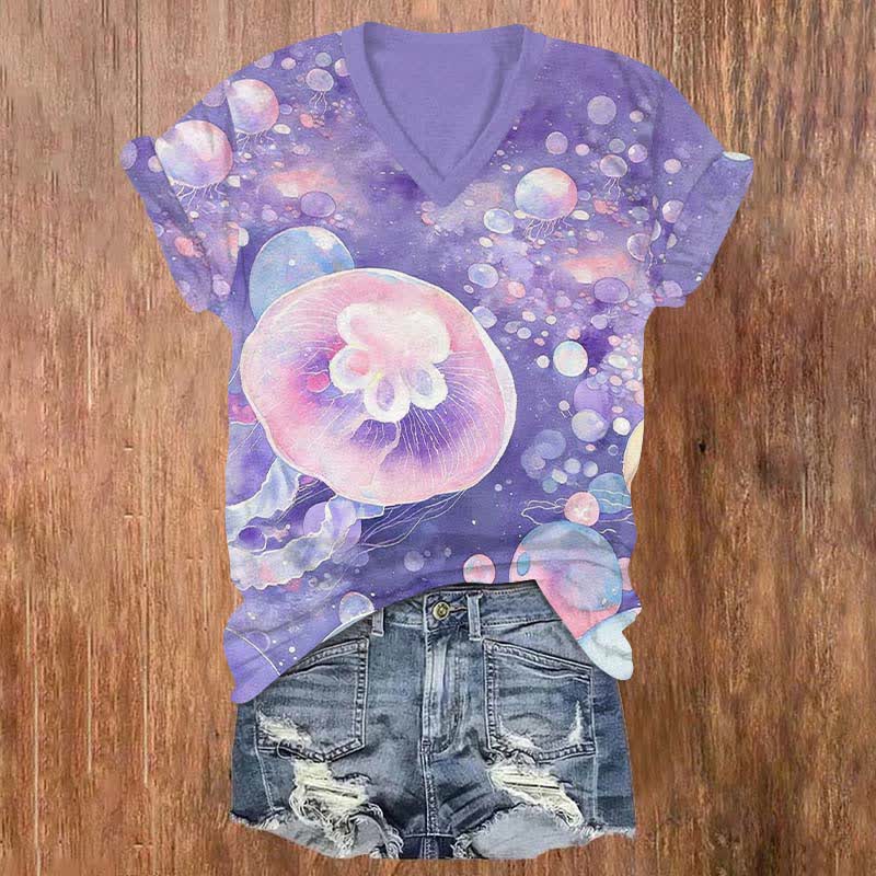 Fantasy Bubble Jellyfish Art  Print V-neck T-shirt - Purple - US32-34(5XL) - image 1