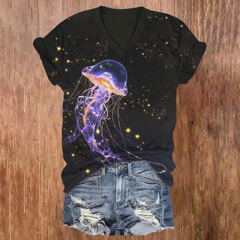 Starry Night Sky Fantasy Jellyfish Art Print V-neck T-shirt - Black - US32-34(5XL) - image 1