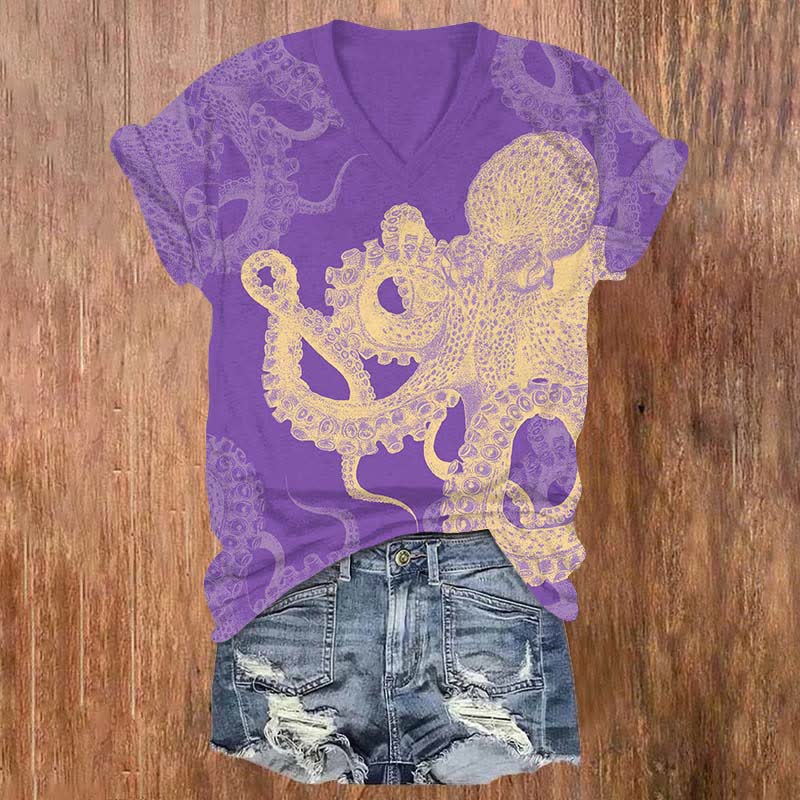 Vintage Abstract Watercolor Octopus Art Print V-neck T-shirt - Purple - US32-34(5XL) - image 2