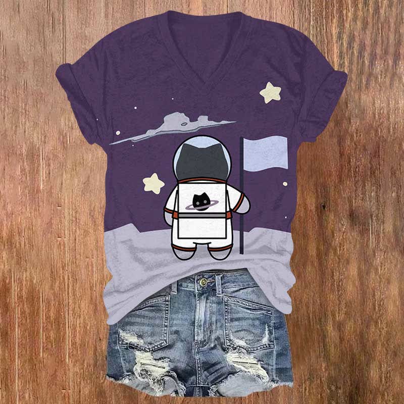 Funny Cartoon Astronaut Cat Art Print V-neck T-shirt - Purple - US32-34(5XL) - image 2