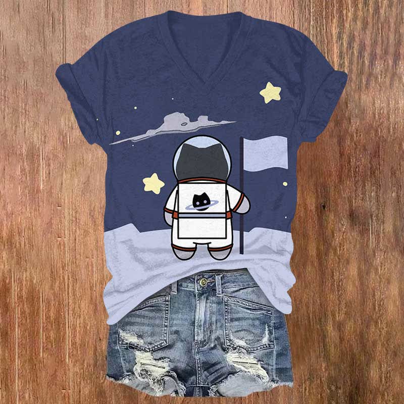 Funny Cartoon Astronaut Cat Art Print V-neck T-shirt - Blue - US32-34(5XL) - image 1