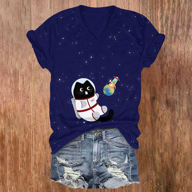 Astronaut Cat Witnessed The Blown Up Earth Print V-neck T-shirt - Dark Blue - US32-34(5XL) - image 1