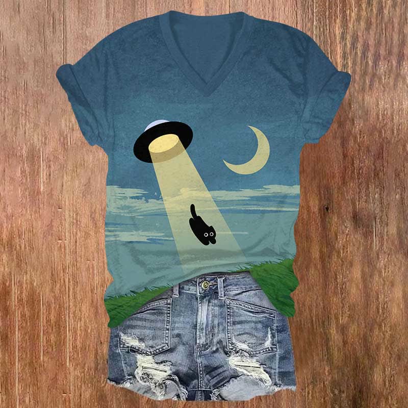  Funny UFO Catching Black Cat Art Print V-neck T-shirt - Blue - US32-34(5XL) - image 1