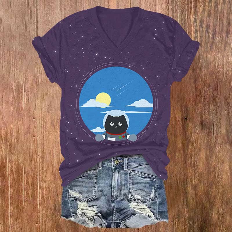 Curious Astronaut Cat Watching The Sky Print V-neck T-shirt - Purple - US32-34(5XL) - image 1