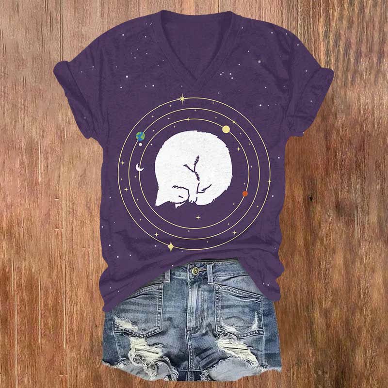 Vintage Planet Sleeping Cat Print V-neck T-shirt - Purple - US32-34(5XL) - image 1
