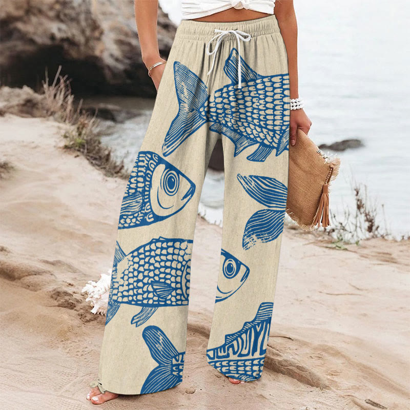 Women's Japanese Style Cute Sardines Art Print Wide-leg Casual Pants - image 1