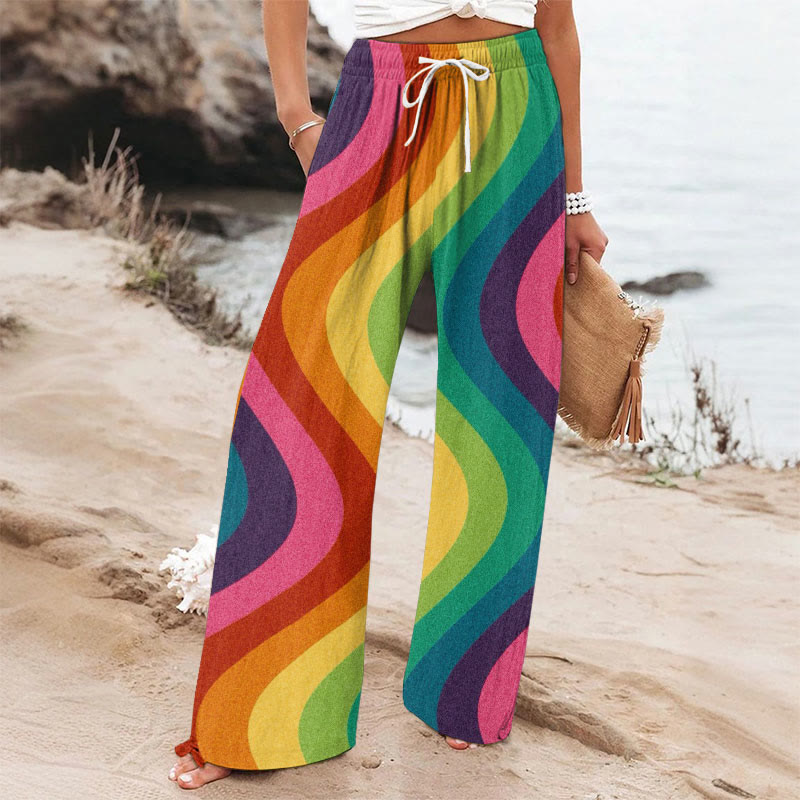 Rainbow Curvy Striped Art Printed Casual Pants - Multicolor - 6XL - image 1