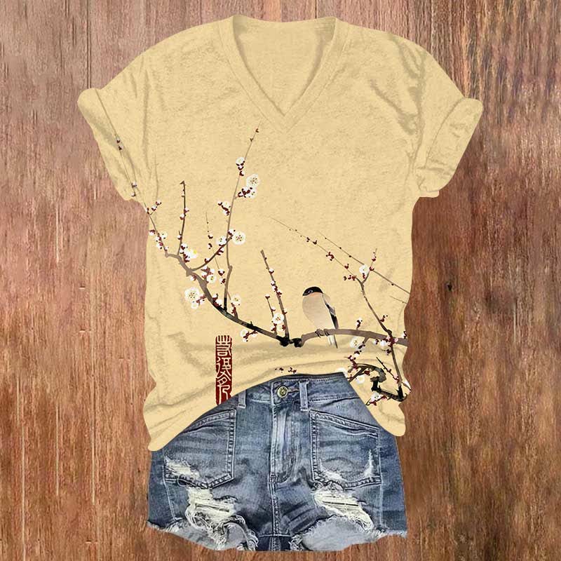 Japanese Cartoon Bird On Floral Branch Art Print V-neck T-shirt - Yellow - US32-34(5XL) - image 1