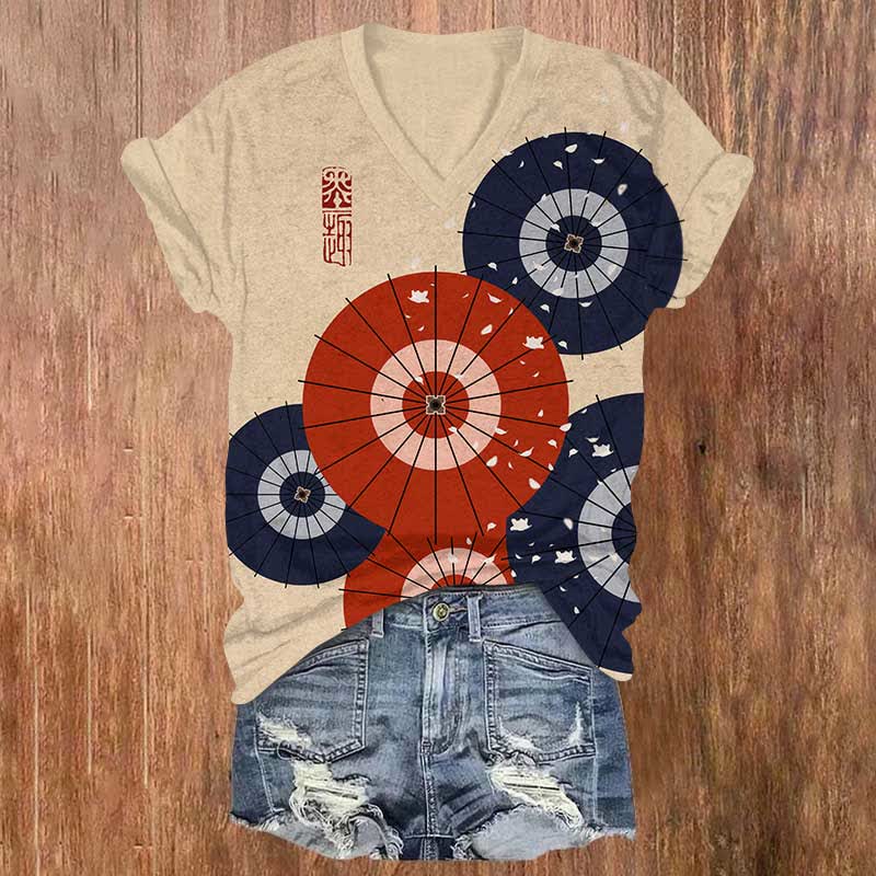 Japanese Sakura Oil Paper Umbrella Art Print V-neck T-shirt - Apricot - US32-34(5XL) - image 1
