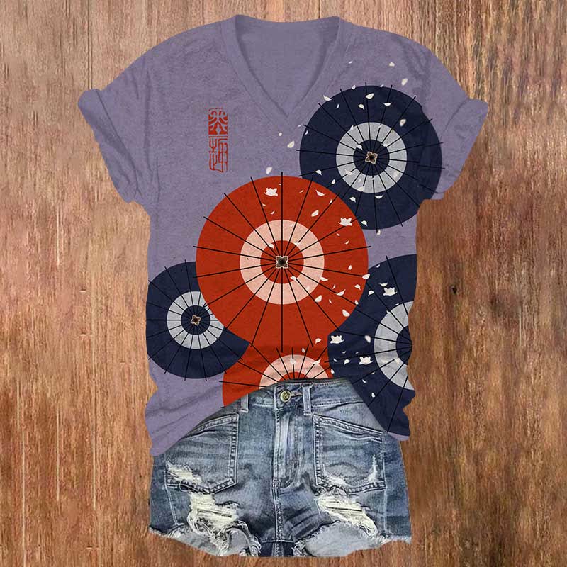 Japanese Sakura Oil Paper Umbrella Art Print V-neck T-shirt - Purple - US32-34(5XL) - image 4