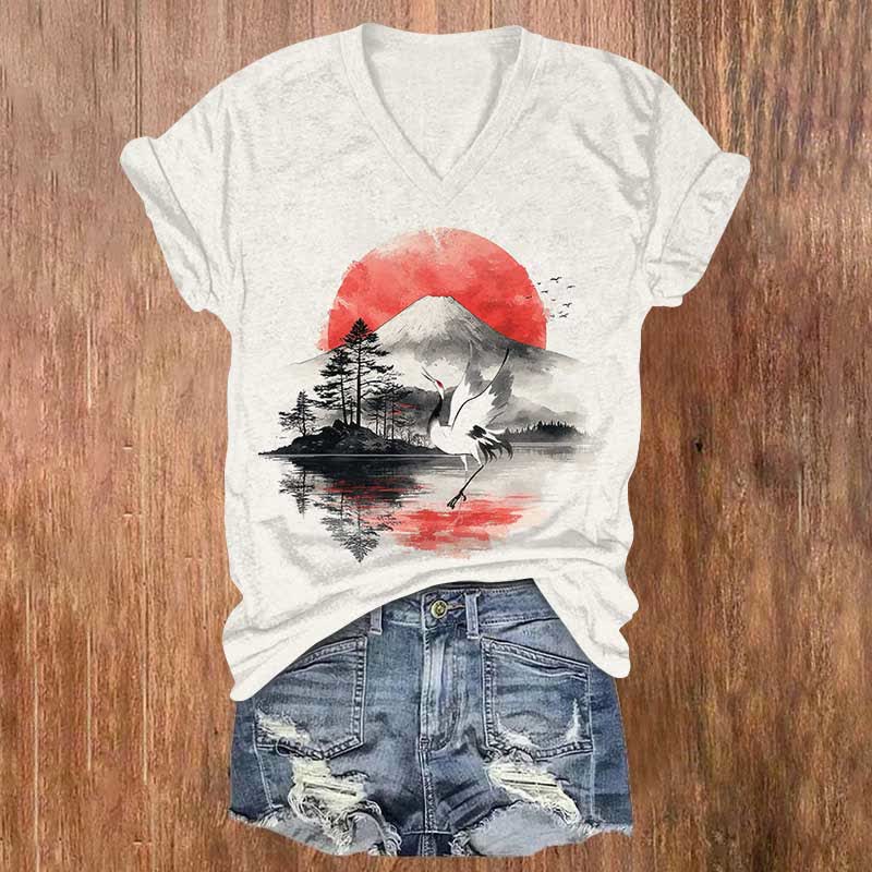 Japanese Ink Watercolor Mount Fuji & Crane Art  Print V-neck T-shirt - White - US32-34(5XL) - image 1