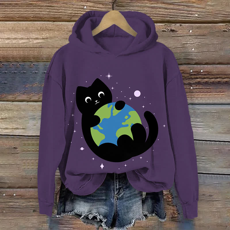 Japanese Lovely Black Cat Holding The Earth Art Print Long Sleeve Hoodie - Purple - US44-46(8XL) - image 2