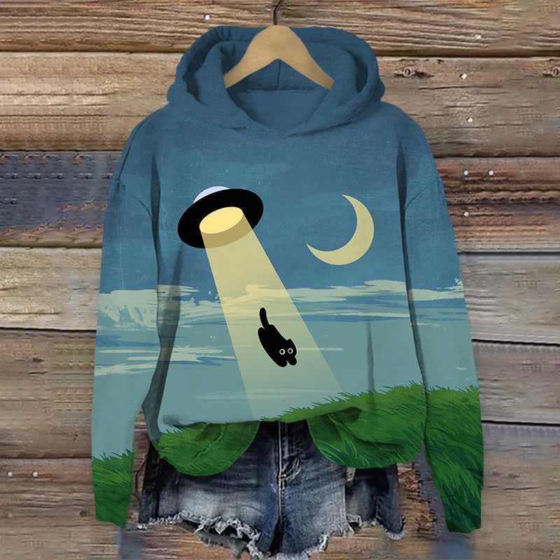 Japanese Funny UFO Catching Cat Art Print Long Sleeve Hoodie - Blue - US44-46(8XL) - image 1