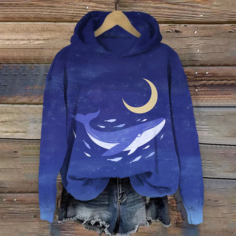 Japanese Starry Whale & Moon Art Print Long Sleeve Hoodie - Royal Blue - US44-46(8XL) - image 1