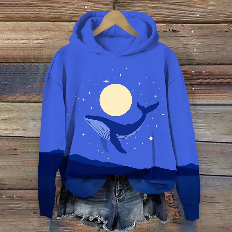 Japanese Whale Under Starry Full Moon Print Long Sleeve Hoodie - Blue - US44-46(8XL) - image 1