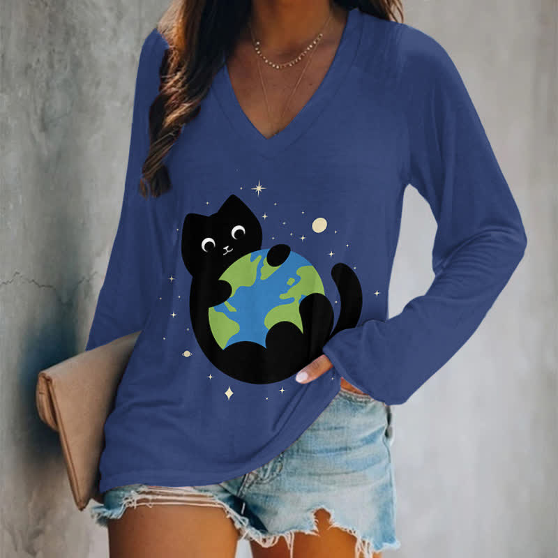Japanese Lovely Black Cat Holding The Earth Art Print Long Sleeve T-shirt - Blue - 5XL - image 1