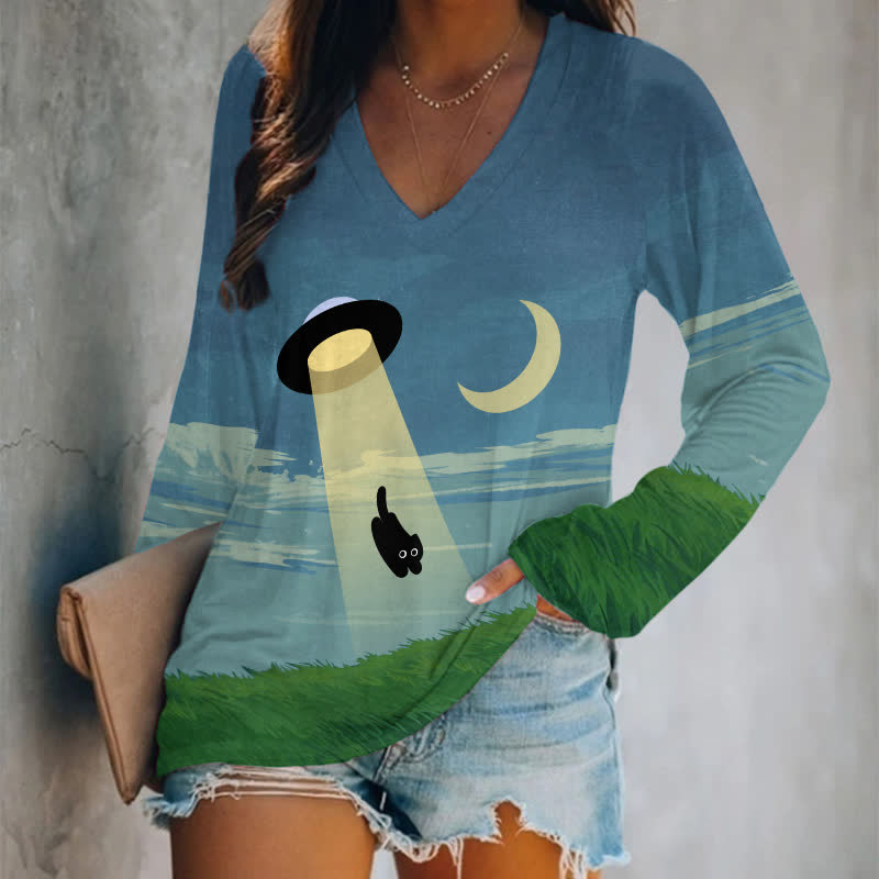 Japanese Funny UFO Catching Cat Art Print Long Sleeve T-shirt - Blue - 5XL - image 1