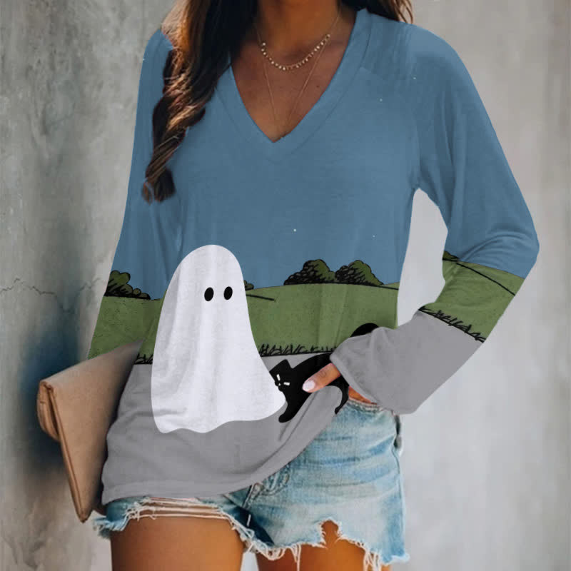 Japanese Funny Black Cat Bite The Ghost Art Print Long Sleeve T-shirt - Blue - 5XL - image 1