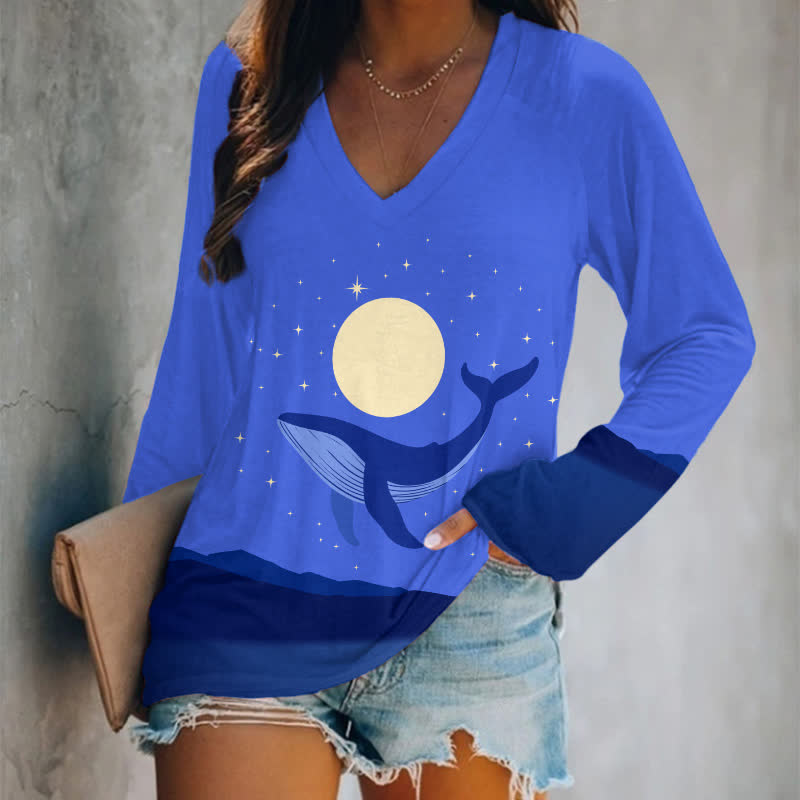 Japanese Whale Under Starry Full Moon Print Long Sleeve T-shirt - Blue - 5XL - image 1