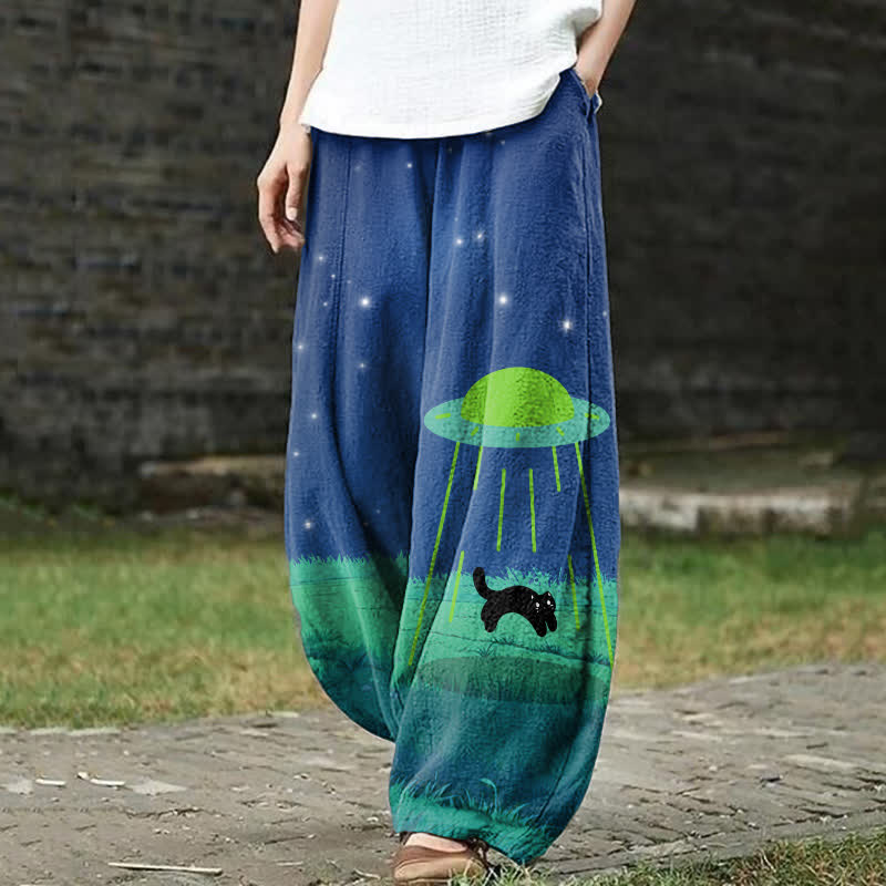 Japanese Funny UFO Catching Cat Art Print Casual Pants - Blue - US18(5XL) - image 1