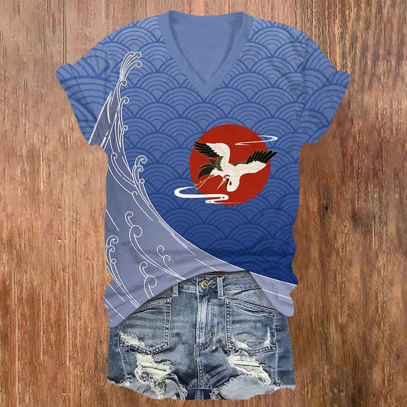 Japanese Vintage Wave Pattern & Crane Print V-neck T-shirt - Blue - US32-34(5XL) - image 1