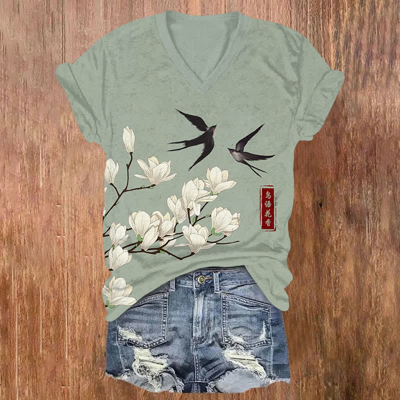 Japanese Vintage Swallow & Pear Blossom Art Print V-neck T-shirt - Green - US32-34(5XL) - image 1