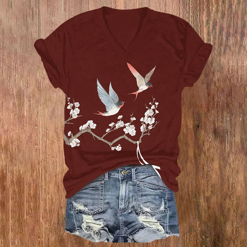 Japanese Vintage Watercolor Bird & Flowers Art Print V-neck T-shirt - Red - US32-34(5XL) - image 2