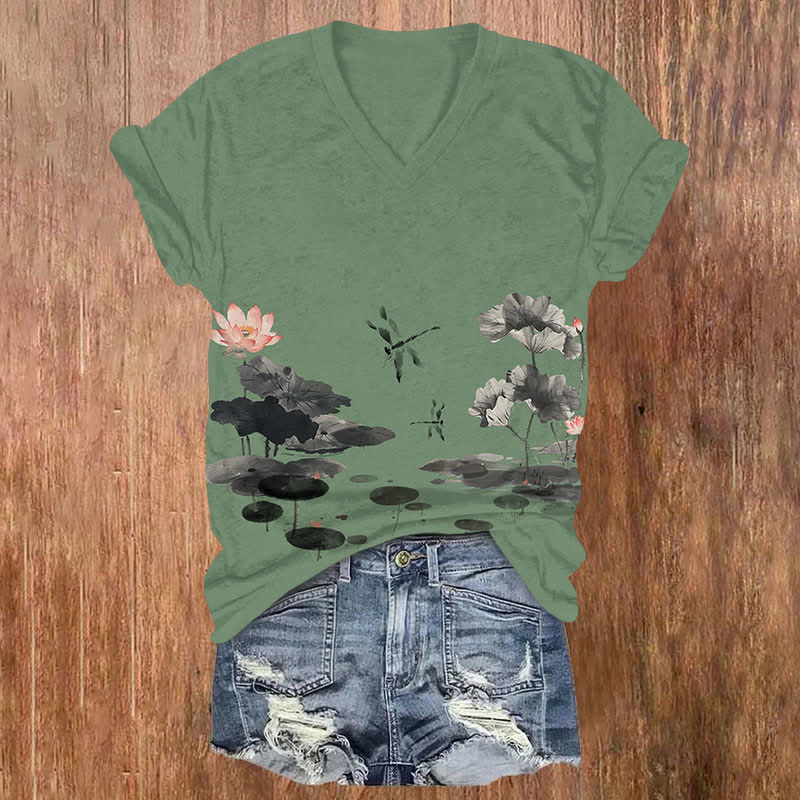 Japanese Vintage Ink Watercolor Lotus Pond & Dragonfly Print V-neck T-shirt - Green - US32-34(5XL) - image 2