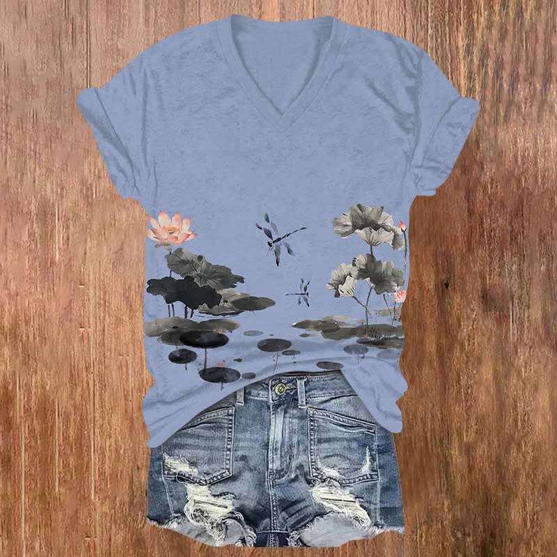 Japanese Vintage Ink Watercolor Lotus Pond & Dragonfly Print V-neck T-shirt - Blue - US32-34(5XL) - image 1