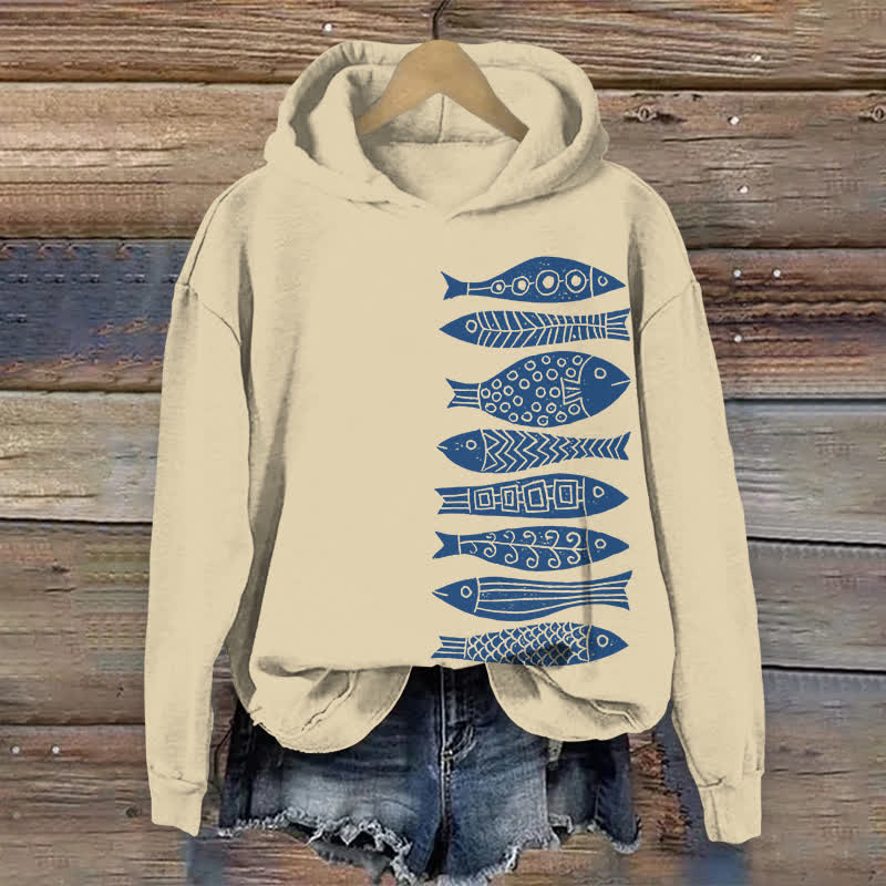 100% Cotton Fish Japanese Lino Art Print Hoodie - Apricot - US16-18(2XL) - image 1