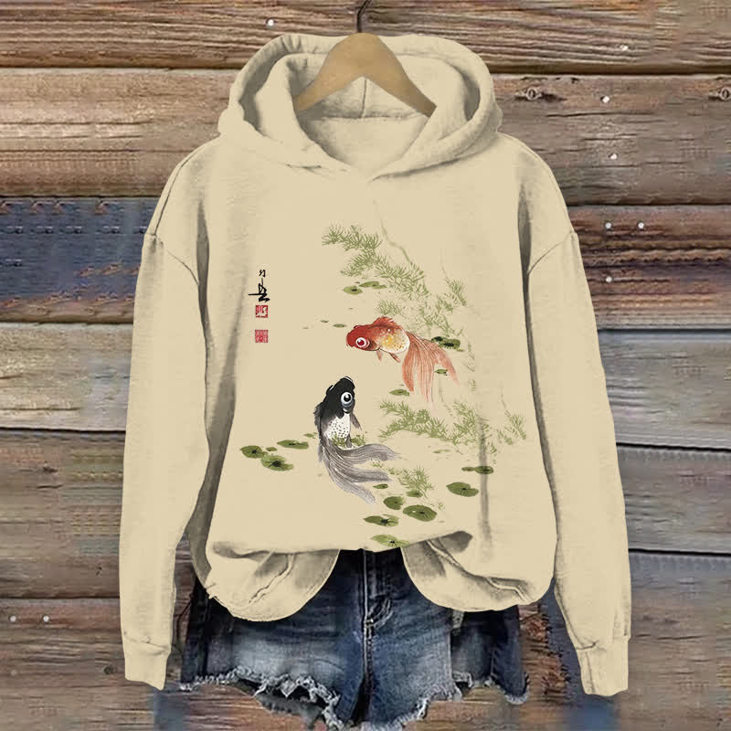 100% Cotton Japanese Koi Art Print Hoodie - Apricot - US16-18(2XL) - image 1